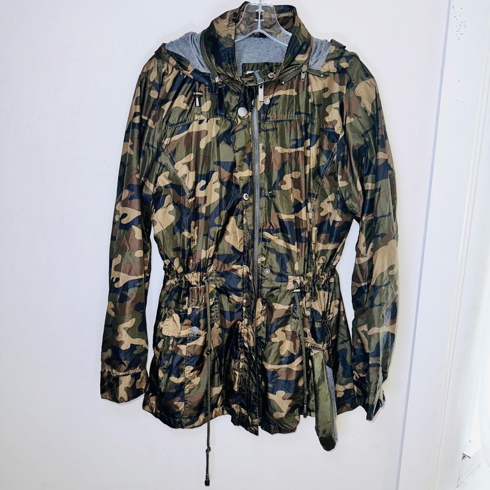 Camo Windbreaker Jacket Women 2X Green Utility Hooded Full Zip Royalty for Me